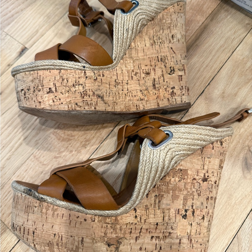 Ralph Lauren Brown Leather Espadrille Wedge Sandals - Picture 2 of 5